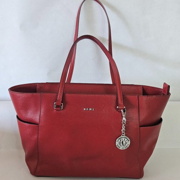DKNY Bryant Pocket Tote Double Handle Bag Red and Silver Donna Karan Purse